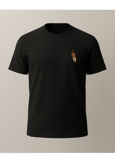 Etnik Kaplan Baskısı Tasarımlı T-shirt Siyah