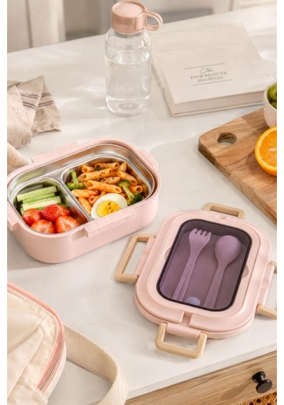 2 Bölmeli Kaşık Çatallı Paslanmaz Çelik Yemek Kabı Lunch Box Sefer Tası Beslenme Kabı Pembe