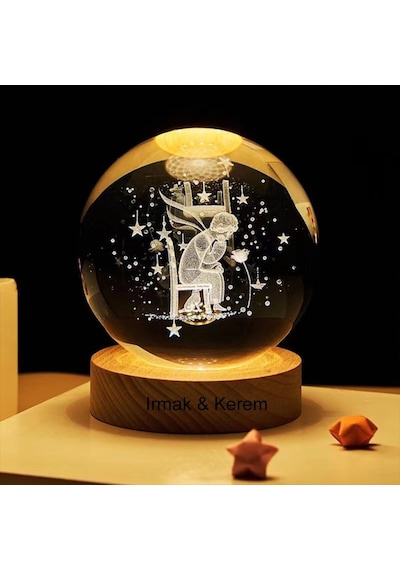 Işıklı Ahşap Kaideli Küçük Prens Cam Temalı Cam Küre 8cm 6cm
