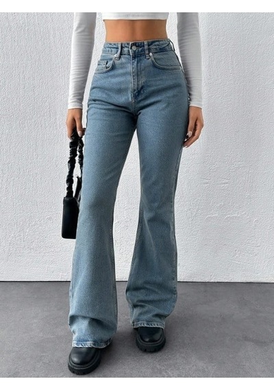 Herton Yüksek Bel İspanyol Paça Jean Pantolon - Eskitme Detaylı Full Pamuklu Flare Denim Açık Mavi