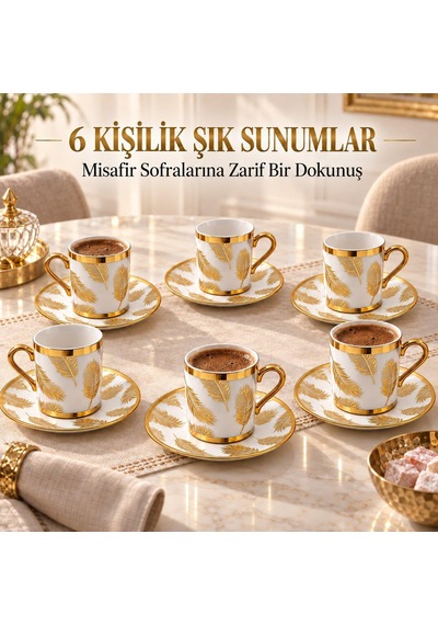 Valkyrie 12 Parça 6 Kişilik 80 Ml Türk Kahvesi Fincan Takımı Gold Yaprak Desenli K654-b