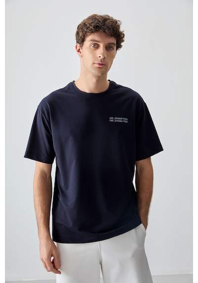 Air Jones Tommy Life Lacivert Pamuklu Kalın Yumuşak Dokulu Oversize Fit Baskılı Erkek T-shirt - 88375 Lacivert