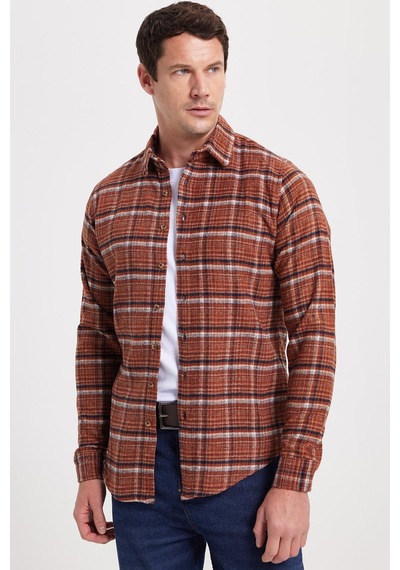 Tudors Erkek Slim Fit Dar Kesim Kareli Kışlık Oduncu Gömlek-42373 Kiremit