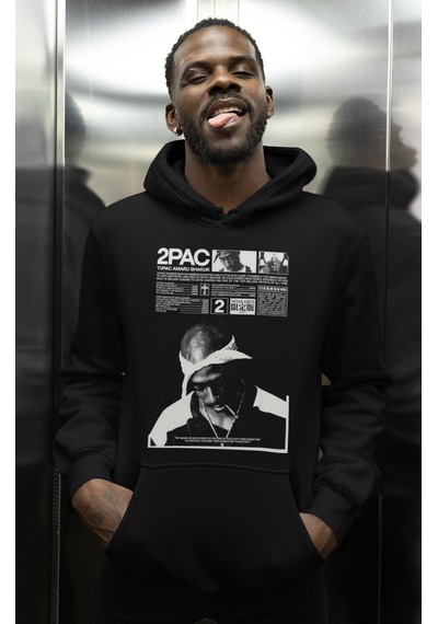 Sevbano 2pac Tasarım Rapper Tupac Baskılı Unisex Oversize Şarkıcı Hoodie Siyah