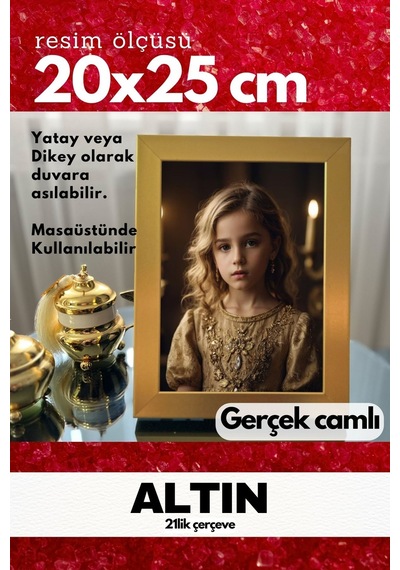 Gerçek Camlı 21lik Düz 20 X 25 Altın Fotoğraf Resim Çerçevesi Ayaklı Arkalık Veya Duvara Asma