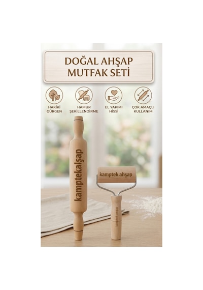 Kamptek Ahşap 2 Li Mutfak Merdane Seti Doğal Ve Ergonomik 35 Cm Düz Ve Rolo Merdane