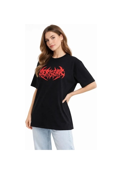 Baskılı T-shirt Yazlık Kısa Kol Bisiklet Yaka Rahat Kalıp Tişört - Siyah