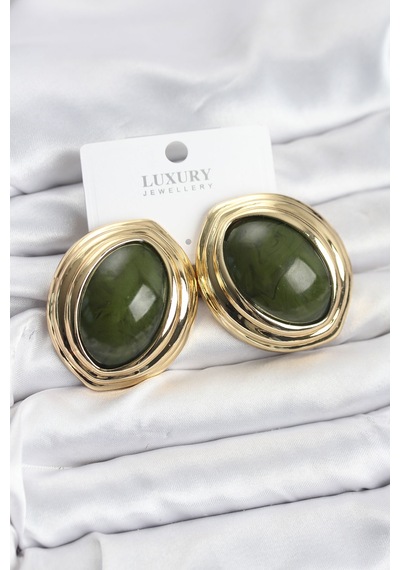 Pirinç Yeşil Badem Model Vintage Gold Kadın Küpe Renkli