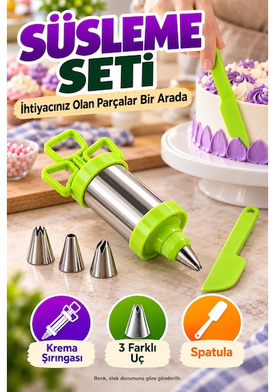 Pasta Süsleme Seti Krema Şırıngası Çelik Gövde Üç Uçlu Spatula Kek Cupcake Dekorasyon Mutfak Aparatı Çok Renkli
