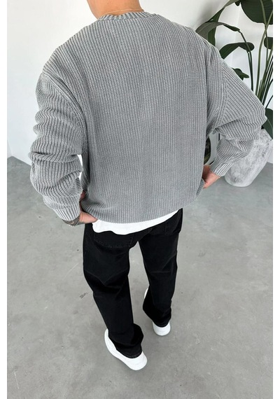 Gri Yıkamalı Fitilli Oversize Triko Kazak Gri