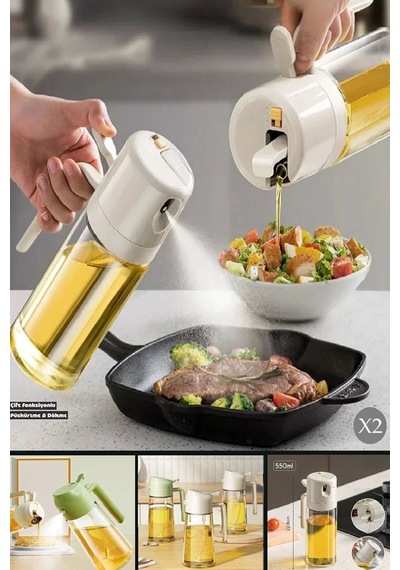 Çift Fonksiyonlu Cam Yağdanlık 550ml Zeytinyağı Sıvıyağ Şişesi Airfryer Sprey Beyaz Yağlık Sirkelik Diğer