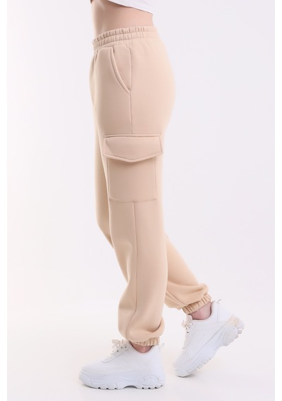 Winmoda34 Kadın Jogger Kalın 3 İplik Yandan Cepli Kargo Eşofman Altı Bejj