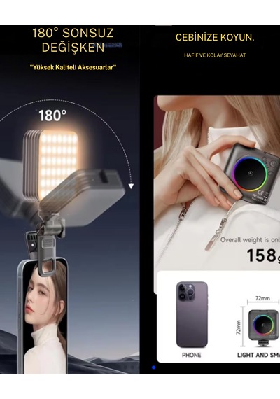 Rgb Led Telefon Selfie Işığı Şarjlı Mini Video Çekim Lambası 3000 Mah Canlı Yayın Işığı 2900-9000k Gümüş - Siyah