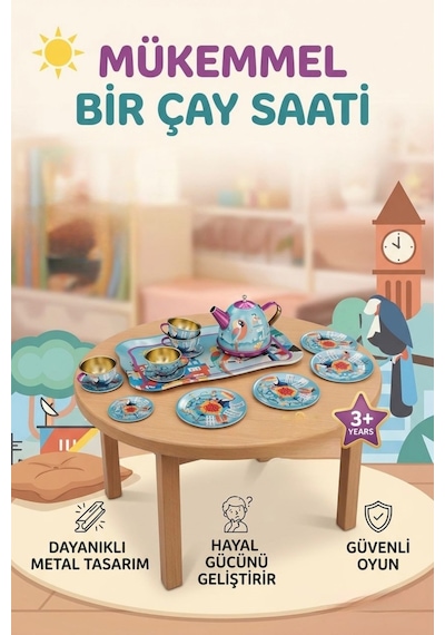 Metal 14 Parça Renkli Desenli Çantalı Eğitici Evcilik Oyuncak Çay Fincan Seti