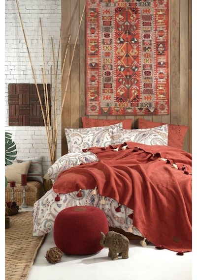 Boho Chic Çift Kişilik Püsküllü Battaniyeli Nevresim Seti - Tarçın Renkli