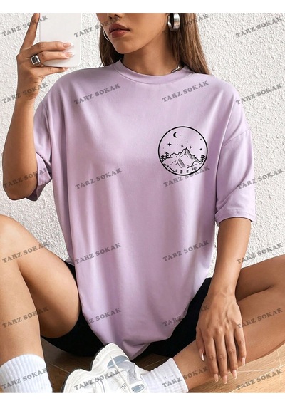 Flood Of Style Unisex Güneş Ve Ay Desenli Düşük Omuz Tişört Kod-1350 Mor