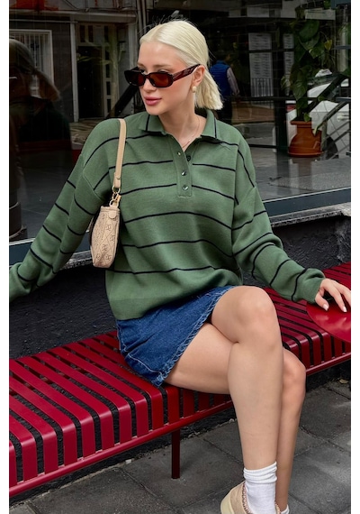 Madmext Melanj Yeşili Çizgili Polo Yaka Kadın Triko Kazak Mg2470 Melanj Yeşili
