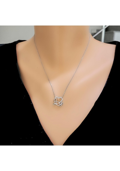 Nusret 925 Ayar Gümüş Love Yazılı Kalp Kolye Beyaz - Beyaz Taş