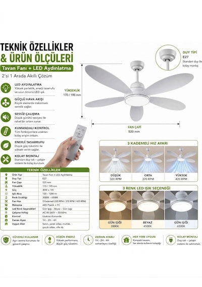 Led Ampullü Tavan Vantilatörü - Uzaktan Kumandalı 3 Renk Tonu Seçimli - Kademe Ve Zaman Ayarlı - E27 Duy Led Ampullü Tavan Vantilatörü - Uzaktan Kumandalı 3 Renk Tonu Seçimli - Kademe Ve Zaman Ayarlı - E27 Duy