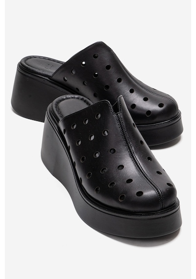 Luvishoes Nıves Siyah Hakiki Deri Delikli Kadın Dolgu Topuklu Terlik