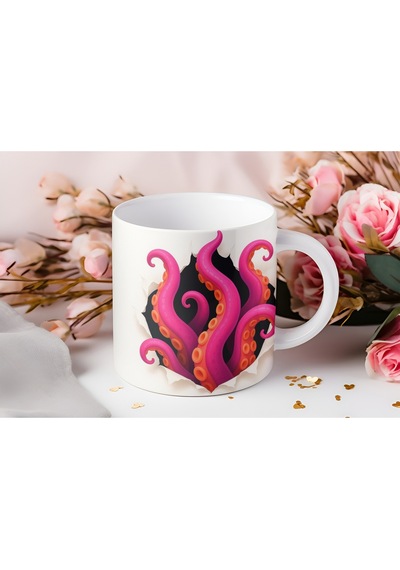 3d Görünümlü Pembe Ahtapot Kolları Kupa Bardak Derinlik Efektli Tasarım Bardak - Kabartmasız Beyaz