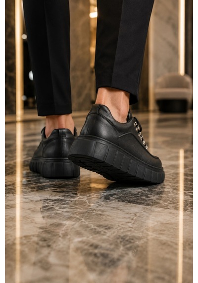 Mevese Duolc Bağcıklı Cilt Erkek Günlük Rahat Taban Sneaker Ayakkabı - Siyah