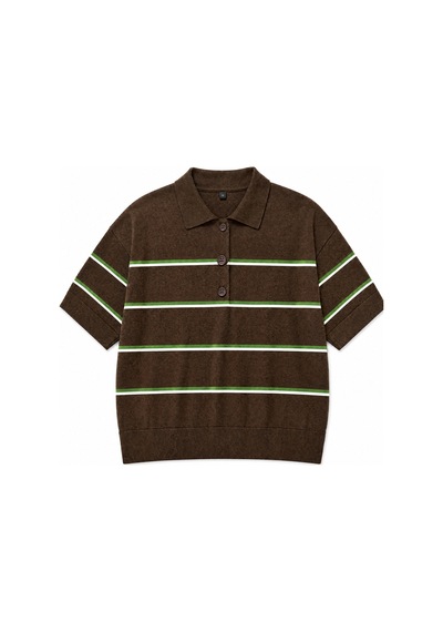 Maison Velora Kadın Kahverengi Wardrobe Essentials Yazlık İplik Çizgili Polo Yaka Triko Bluz Kahverengi Kahverengi