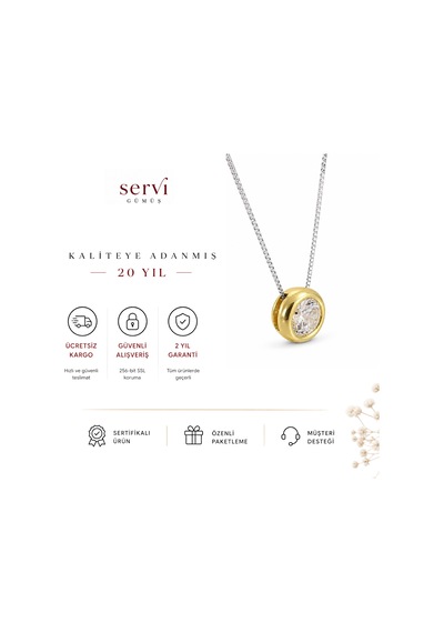 Servi 925 Ayar Gümüş Altın Detaylı Çerçeve Tektaş Kolye-407