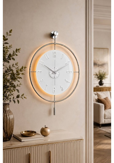 Pey Aksesuar Orjinal Metal-orjinal Cam-ışıklı Led - İskandinav Kadran Duvar Saati M60-krom-beyaz-gümüş