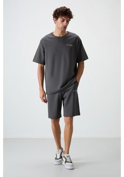 Haki Pamuklu Kalın Yumuşak Dokulu Oversize Fit Nakışlı Erkek Şort Takım - 85250