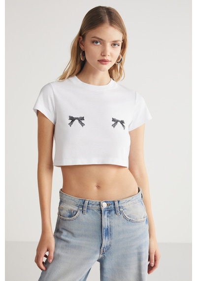 Ethıquet Krım Kadın Kurdele Baskı Detaylı %100 Organik Pamuklu Bisiklet Yaka Crop Beyaz T-shirt Ethıquet Krım Kadın Kurdele Baskı Detaylı %100 Organik Pamuklu Bisiklet Yaka Crop Beyaz T-shirt