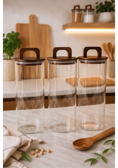 Aria- 3'lü Borosilikat Bambu Kapaklı Kavanoz 1300 Ml Düz Kahverengi