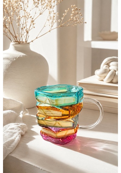 2'li Kitap Tasarımlı Renkli Borosilikat Cam Kupa 350 Ml 3 Boyutlu Kahve, Çay Ve Nescafe Bardağı
