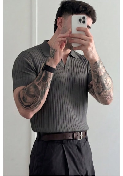 Tarz Cool Premium Fitilli Triko Polo Yaka Erkek Old Money T-shirt Füme