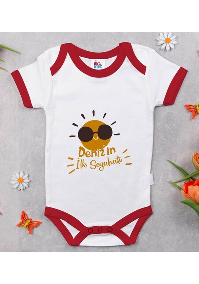 Bk Gift Bk Kids Kişiye Özel İlk Seyahat Tasarımlı Kırmızı Bebek Body Zıbın-1 Çok Renkli