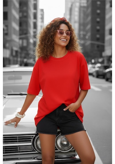 Mily Kadın Oversize Basic Bisiklet Yaka Pamuklu T-shirt Rahat Kesim Unisex Sevgili Kombini Kirmizi Mily Kadın Oversize Basic Bisiklet Yaka Pamuklu T-shirt Rahat Kesim Unisex Sevgili Kombini Kirmizi