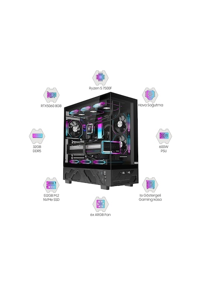 Dragos DRX7928 R5-7500F 16 GB 512 GB NVMe SSD RTX5060 Free Dos Oem Paket Masaüstü Oyuncu Bilgisayarı