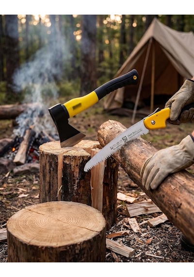 Lexroo Fiber Saplı Balta Ve Katlanabilir Testere Seti Kamp Outdoor Bahçe Odun Kesme Ağaç Budama