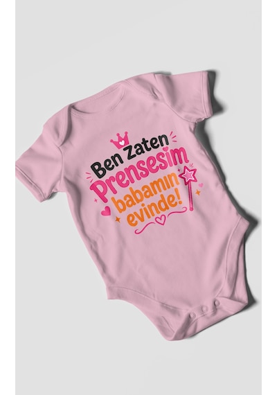 Morivokids Ben Zaten Prensesim Babamın Evinde Kısa Kollu Bebek Body %100 Pamuk Koyu Pembe