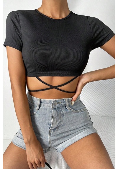 Beru Kadın Siyah Yarım Kol Çapraz Bağlamalı Crop Top Bluz L - XL