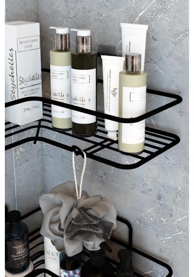 Yapışkanlı 2 Li Banyo Köşe Rafı - Siyah Metal Duş Şampuanlık Organizeri Siyah