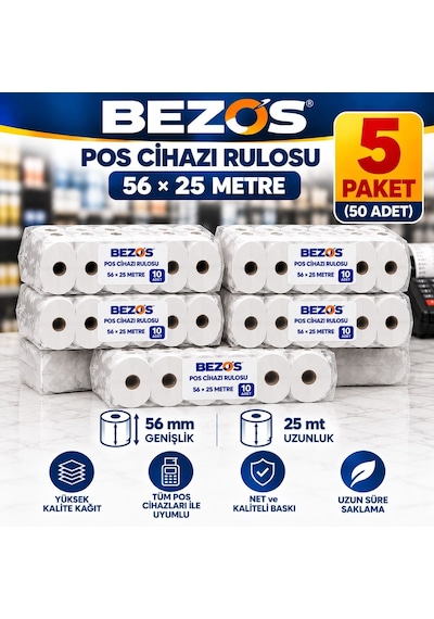 Termal Pos Cihazı Rulosu 56 Mm X 25 M - 50 Adet 5 Paket Yazar Kasa Slip Rulosu