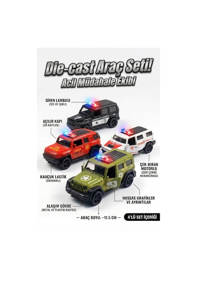 4'lü Die-cast Metal Oyuncak Araba Seti - Sesli Işıklı Çek Bırak İtfaiye Polis Ambulans Askeri Araç Çok Renkli