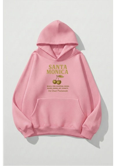 Uyguntarz Unisex Yumuşak Dokulu Santa Monica Baskılı Tasarım Oversize 3 İplik Hoodie Sweatshirt Pembe