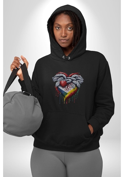 Kalp Damar Renkli Boyalı Kadın Erkek Siyah Kapüşonlu Sweatshirt Hoodie Siyah