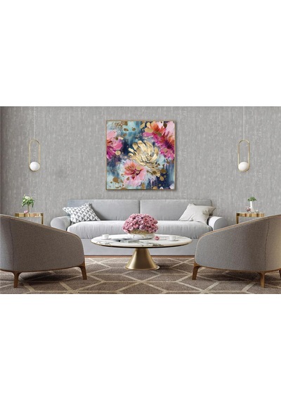 Yağlı Boya Dokulu Tablo Pembe Altın Soyut Çiçekler Altın Çerçeveli U02004-178859