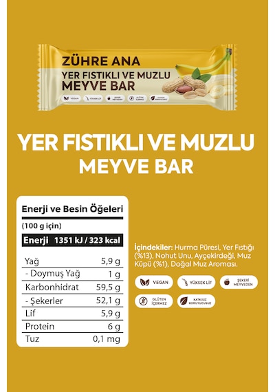 Yer Fıstıklı Ve Muzlu Meyve Bar, Şeker İlavesiz 35 Gr X 12 Adet