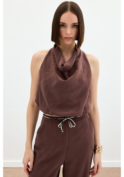 Sateen Degaje Yaka Bluz - Kahve Kahve