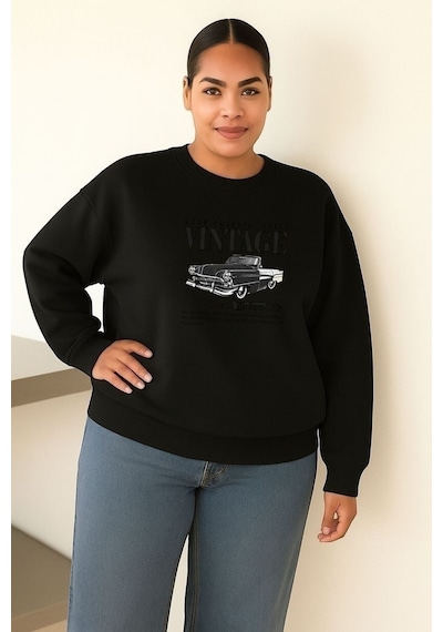 Benroma 3 İplik Penye Vıntage Baskılı Büyük Beden Unisex Sweatshırt Siyah