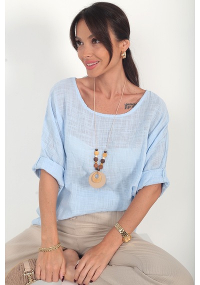 By Saygı Kadın İtalyan Coton Oversize Bluz Bebe Mavi